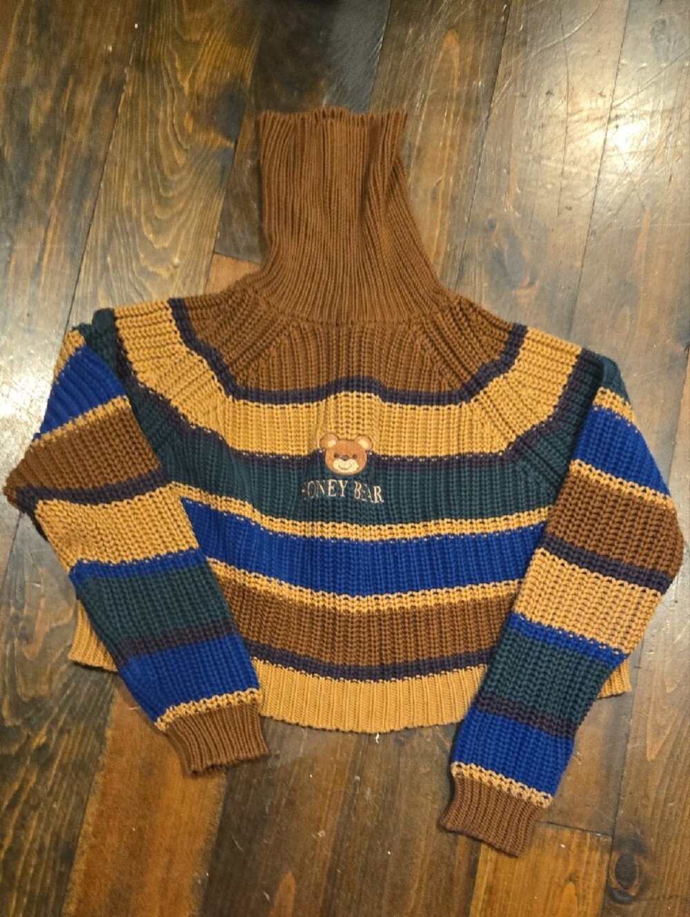Minga London Honey Bear Striped Knitted Sweater L/XL Y2K Goblincore Cropped